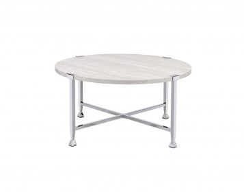 36" Chrome And White Oak Round Coffee Table