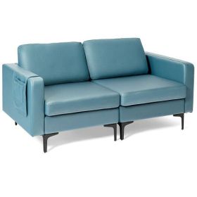 Modern Loveseat Sofa Couch with Side Storage Pocket and Sponged Padded Seat Cushions-Blue - Color: Blue