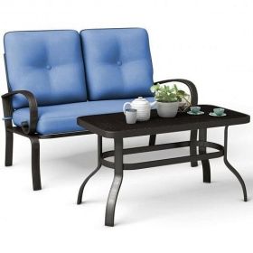 2 Pieces Patio Outdoor Cushioned Coffee Table Seat-Blue - Color: Blue