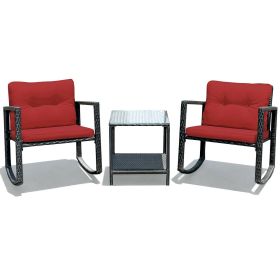 3 Pcs Wicker Rocking Bistro Set with Glass Coffee Table and Storage Shelf-Red - Color: Red