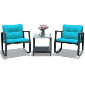 3 Pcs Wicker Rocking Bistro Set with Glass Coffee Table and Storage Shelf-Blue - Color: Blue