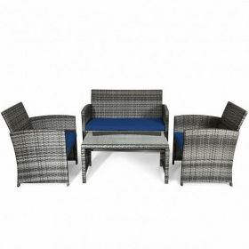 4 Pieces Patio Rattan Furniture Set with Glass Table and Loveseat-Navy - Color: Navy