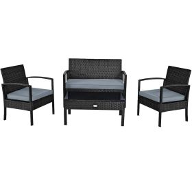 4 Pieces Patio Rattan Cushioned Furniture Set with Loveseat and Table-Black - Color: Black