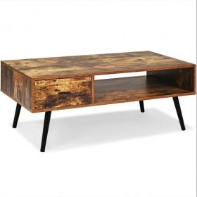 Retro Rectangular Coffee Table with Drawer and Storage Shelf-Rustic Brown - Color: Rustic Brown