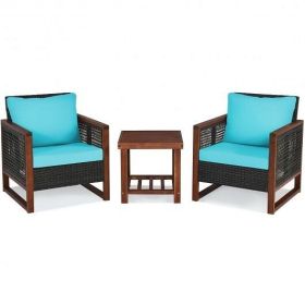 3 Pieces Acacia Wood Patio Furniture Set with Coffee Table-Turquoise - Color: Turquoise