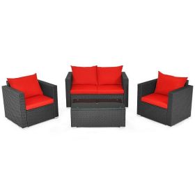 4 Pieces Patio Rattan Conversation Set with Cushions and Coffee Table-Red - Color: Red