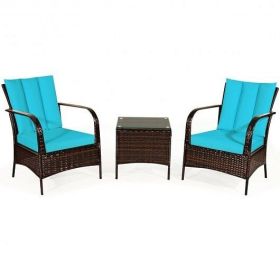 3 Pcs Patio Conversation Rattan Furniture Set with Glass Top Coffee Table and Cushions-Turquoise - Color: Turquoise