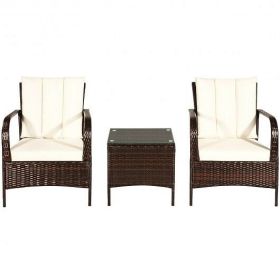 3 Pcs Patio Conversation Rattan Furniture Set with Glass Top Coffee Table and Cushions-White - Color: White