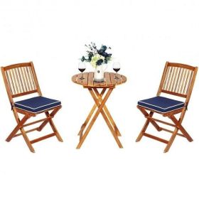 3 Pieces Patio Folding Bistro Set with Padded Cushion and Round Coffee Table-Navy - Color: Navy
