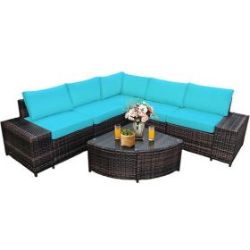6 Piece Wicker Patio Sectional Sofa Set with Tempered Glass Coffee Table-Turquoise - Color: Turquoise