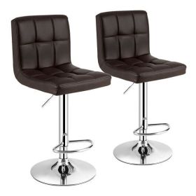 Set of 2 Square Swivel Adjustable PU Leather Bar Stools with Back and Footrest-Coffee - Color: Brown