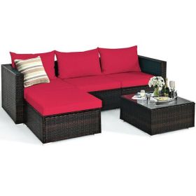 5 Pieces Patio Rattan Sectional Furniture Set with Cushions and Coffee Table-Red - Color: Red