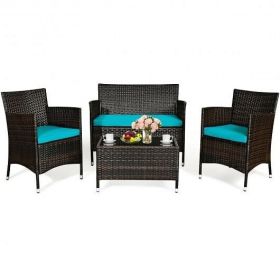 4 Pieces Patio Rattan Sofa Set with Chairs and Glass Coffee Table-Turquoise - Color: Turquoise
