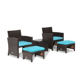 5 Pieces Patio Rattan Furniture Set with Ottoman and Tempered Glass Coffee Table-Turquoise - Color: Turquoise