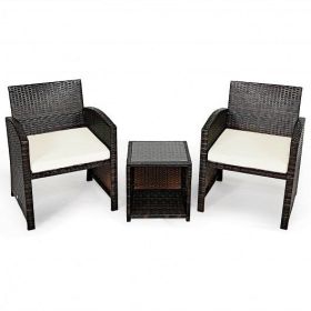 3 Pieces PE Rattan Wicker Furniture Set with Cushion Sofa Coffee Table for Garden-White - Color: White