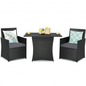 3 Pieces Patio Rattan Furniture Set with Cushion and Sofa Armrest-Gray - Color: Gray
