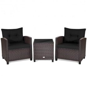 3 Pcs Patio Rattan Furniture Set Cushioned Conversation Set Coffee Table -Black - Color: Black