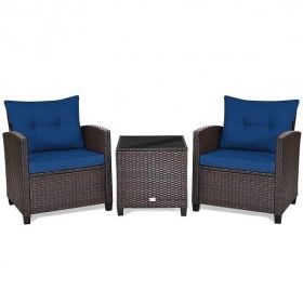 3 Pcs Patio Rattan Furniture Set Cushioned Conversation Set Coffee Table-Navy - Color: Navy