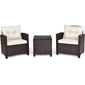 3 Pieces Patio Rattan Furniture Set Cushioned Conversation Set Coffee Table-White - Color: White