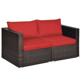 2PCS Patio Rattan Sectional Conversation Sofa Set-Red - Color: Red