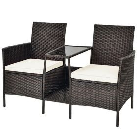 Patio Rattan Wicker Conversation Set Sofa Cushioned Loveseat Glass Table-Off White - Color: Off White