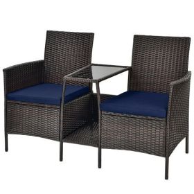 Patio Rattan Wicker Conversation Set Sofa Cushioned Loveseat Glass Table-Navy - Color: Navy