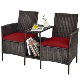 Patio Rattan Wicker Conversation Set Sofa Cushioned Loveseat Glass Table-Red - Color: Red