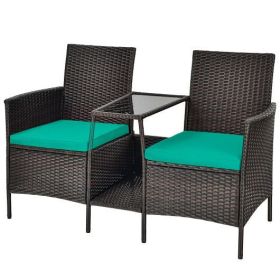 Patio Rattan Wicker Conversation Set Sofa Cushioned Loveseat Glass Table-Turquoise - Color: Turquoise