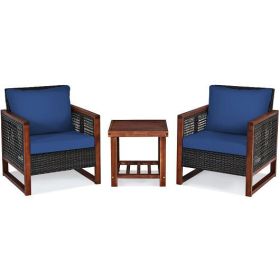 3 Pieces Patio Wicker Furniture Set with Acacia Wood Coffee Table and Washable Cushion-Navy - Color: Navy