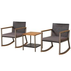 3 Pieces Rattan Rocking Bistro Set with Coffee Table and Cushions-Gray - Color: Gray