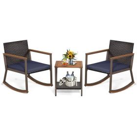 3 Pieces Rattan Rocking Bistro Set with Coffee Table and Cushions-Navy - Color: Navy