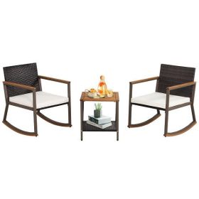 3 Pieces Rattan Rocking Bistro Set with Coffee Table and Cushions-Off White - Color: Off White