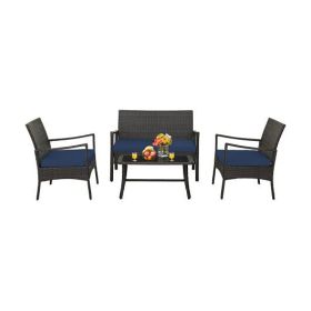 4 Pieces Outdoor Rattan Conversation Set with Tempered Glass Coffee Table-Navy - Color: Navy