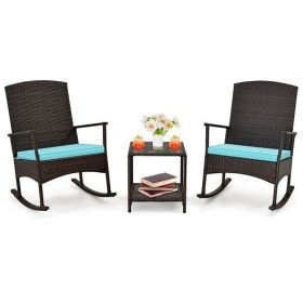 3 Piece Patio Rocking Set Wicker Rocking Chairs with 2-Tier Coffee Table-Turquoise - Color: Turquoise