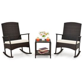 3 Piece Patio Rocking Set Wicker Rocking Chairs with 2-Tier Coffee Table-Off White - Color: Off White