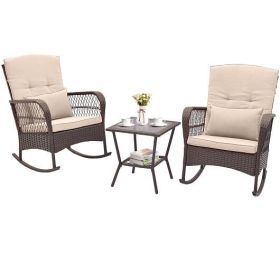 3 Pieces Rocking Bistro Set with 2-Tier Coffee Table-Brown - Color: Brown