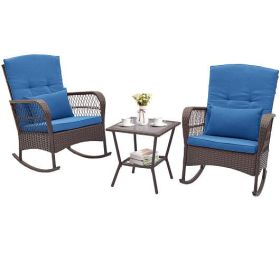 3 Pieces Rocking Bistro Set with 2-Tier Coffee Table-Navy - Color: Blue