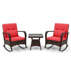 3 Pieces Outdoor Rocking Set with Tempered Glass Coffee Table for Backyard Poolside-Red - Color: Red