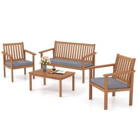 4 Piece Patio Wood Furniture Set Acacia Wood Sofa Set with Loveseat-Gray - Color: Gray