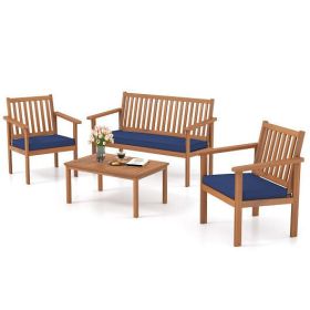 4 Piece Patio Wood Furniture Set Acacia Wood Sofa Set with Loveseat-Navy - Color: Navy