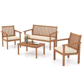 4 Piece Patio Wood Furniture Set Acacia Wood Sofa Set with Loveseat-Off White - Color: Off White