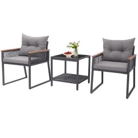 3 Pieces Patio Furniture Set with 2 Tier Coffee Table and Soft Seat Cushions-Gray - Color: Gray