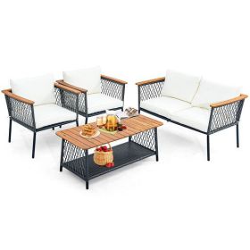 4 Piece Patio Rattan Furniture Set with 2-Tier Coffee Table-White - Color: White