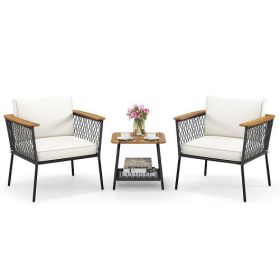 3 Piece Patio Furniture Set Rattan Chair Set with 2-Tier Coffee Table-White - Color: White