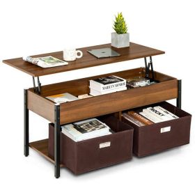 Lift Top Coffee Table Central Table with Drawers and Hidden Compartment for Living Room-Brown - Color: Brown