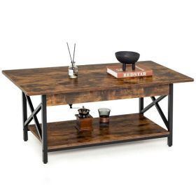 2-Tier Industrial Rectangular Coffee Table with Storage Shelf-Rustic Brown - Color: Rustic Brown