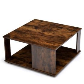 2 Tiers Square Coffee Table with Storage and Non-Slip Foot Pads-Rustic Brown - Color: Rustic Brown