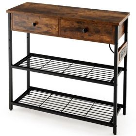 Narrow Console Table with 2 Drawers and 2 Metal Mesh Shelves-Rustic Brown - Color: Rustic Brown