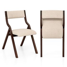 Set of 2 Wooden Folding Dining Chair with Linen Fabric Padded Seat and Backrest-Coffee - Color: Coffee