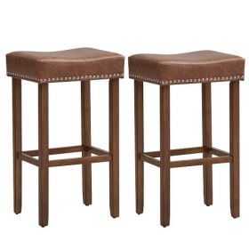 Upholstered Bar Stools Set of 2 with Footrests for Counter-Brown - Color: Brown - Size: 29.5 inches